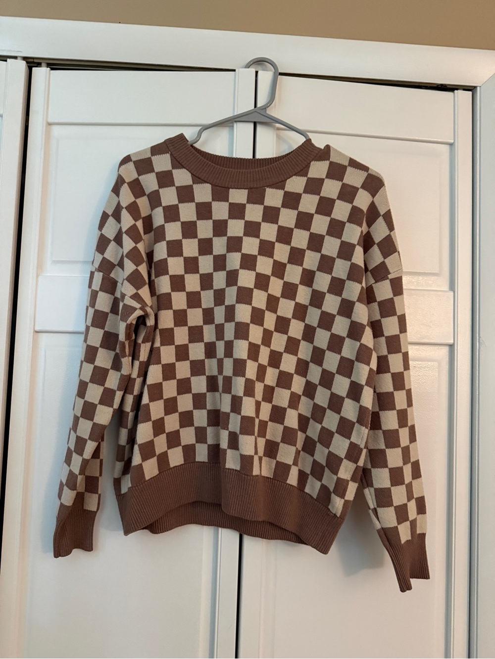 Staccato Brown and Cream Checkerboard Crewneck Sweater